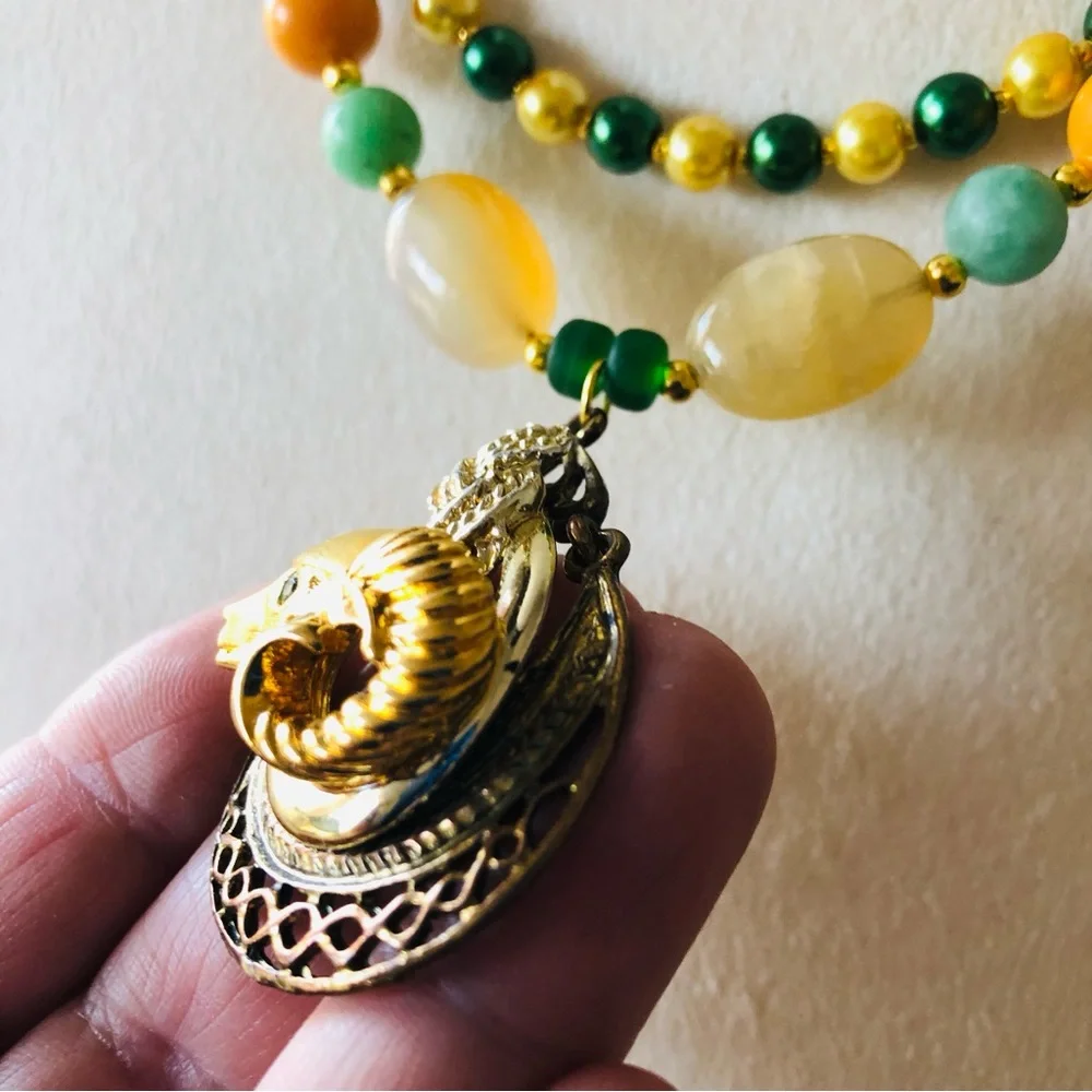 Handcrafted repurpose double strand KJL emerald ram Czech glass Pearl necklace